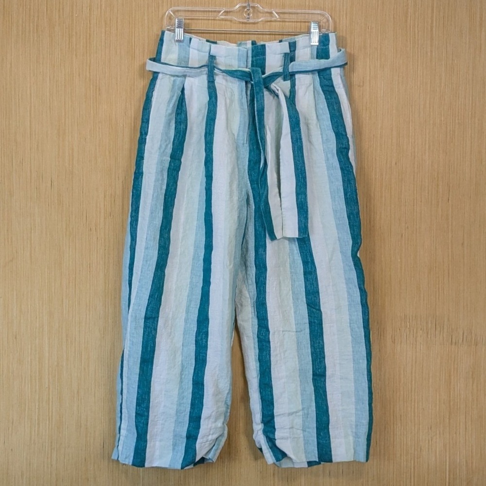 J. Crew Pants Women's 6 Striped Linen Blend Wide Leg Belted Cropped Resortwear